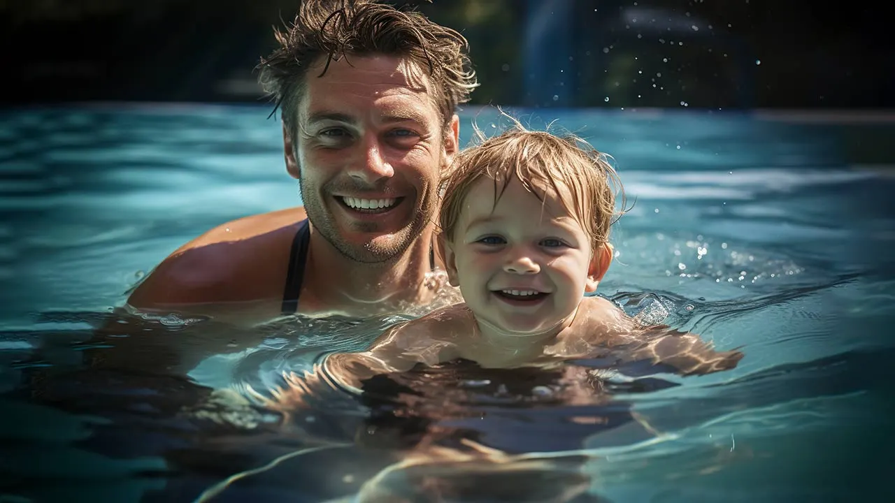 father teaching his son how to swim
