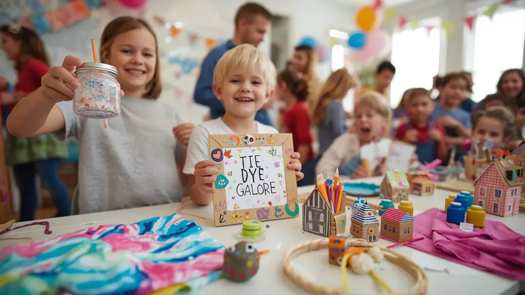 Kids showing their creativity by making colorful photo booth frames at a craft party.