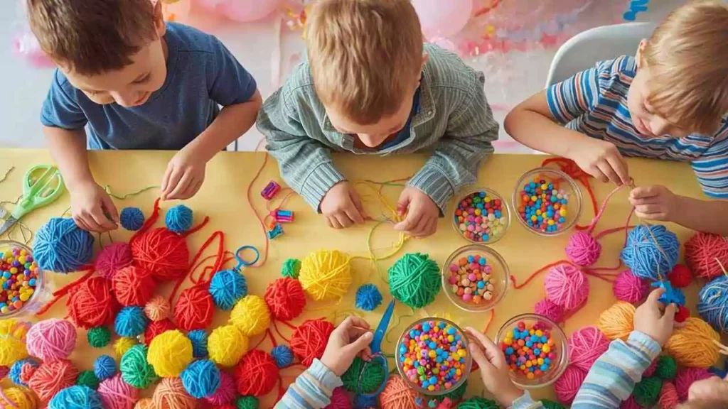 Yarn and colorful beads come together as kids craft playful pom-pom necklaces in the form of creativity and fun